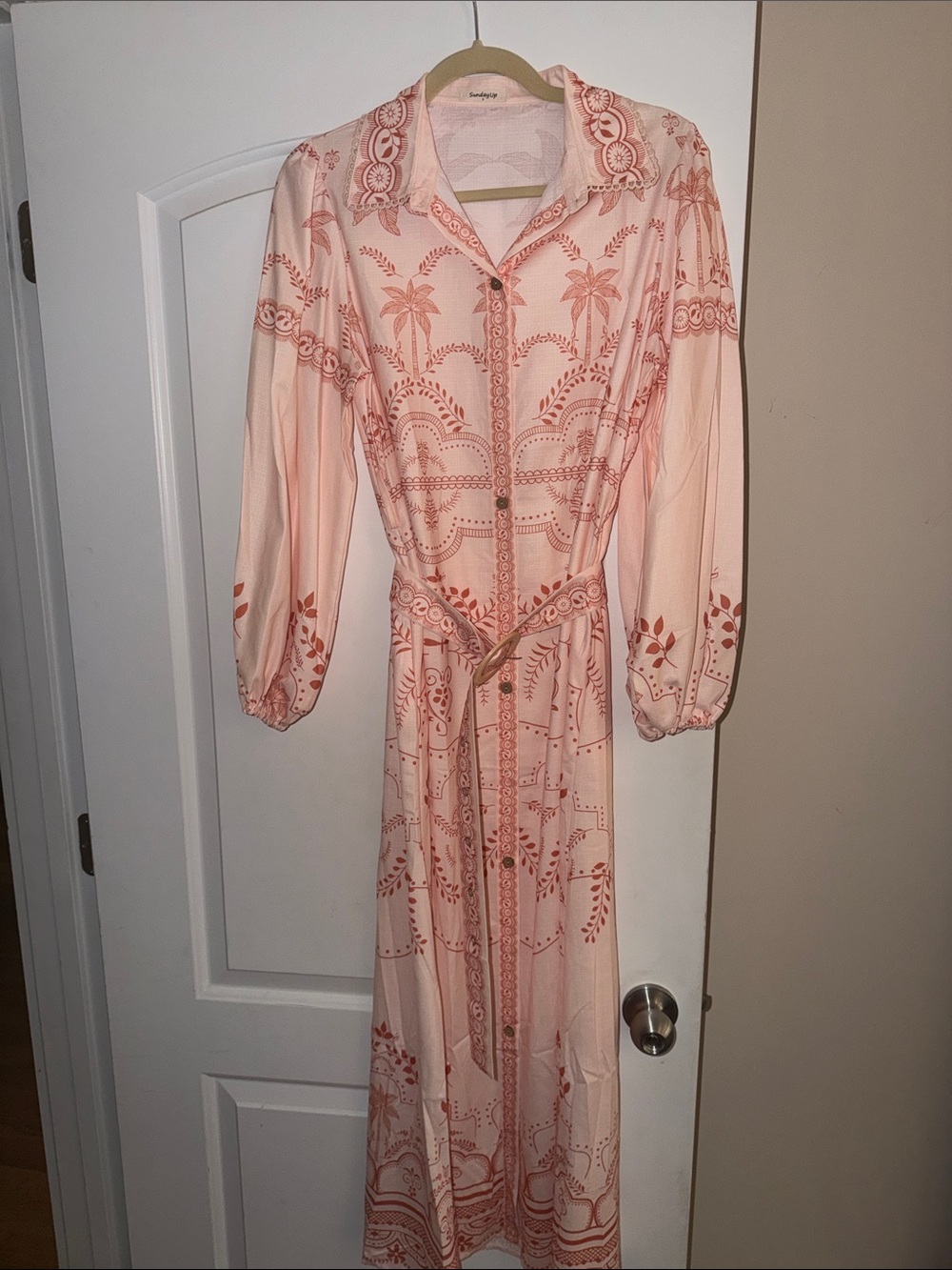Sunday Peach-Peachy Printed Button-Front Maxi Dress with Tie Waist